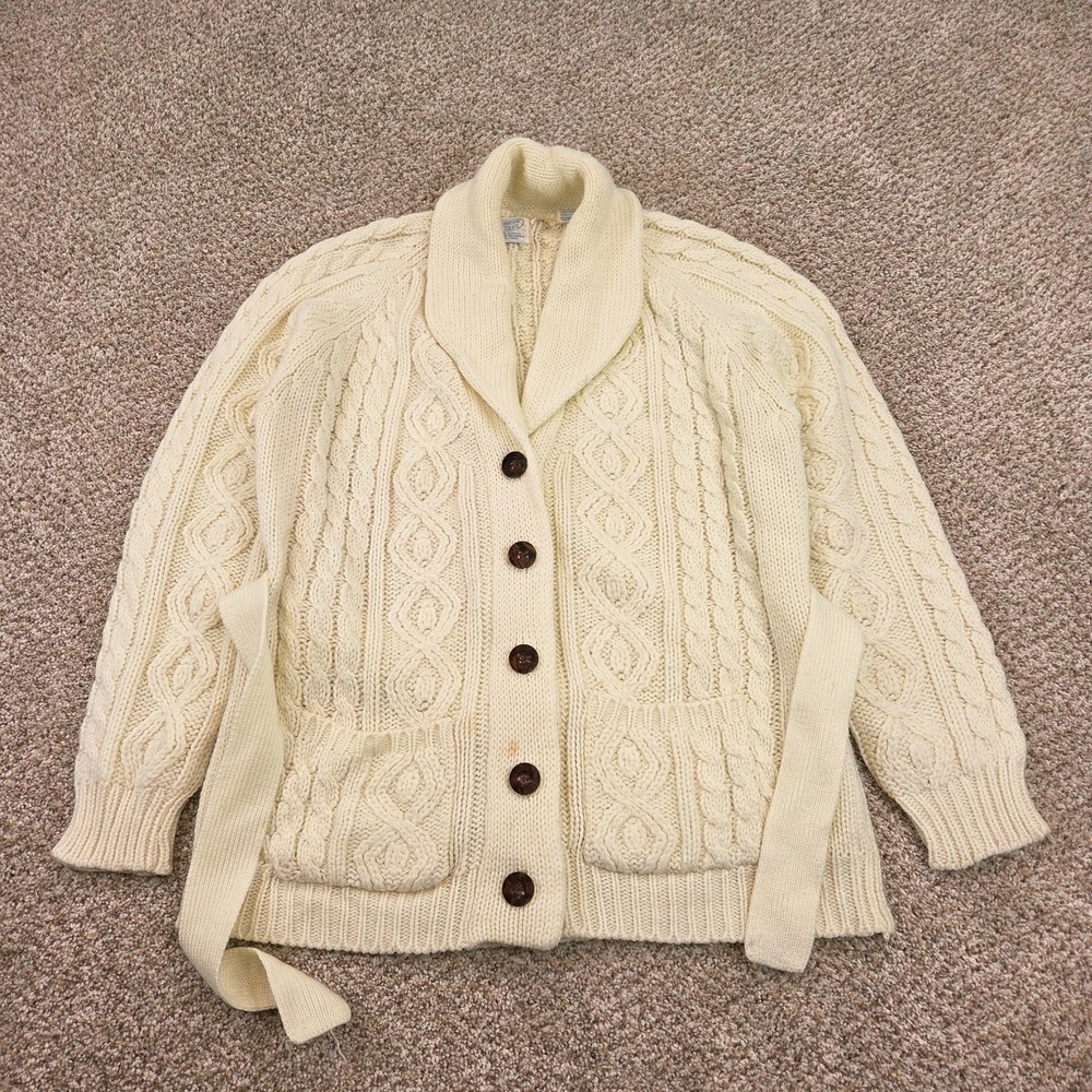 Vintage NORTHERN ISLES Women's 40 Ivory Shawl Cable Knit Cardigan Belted Button